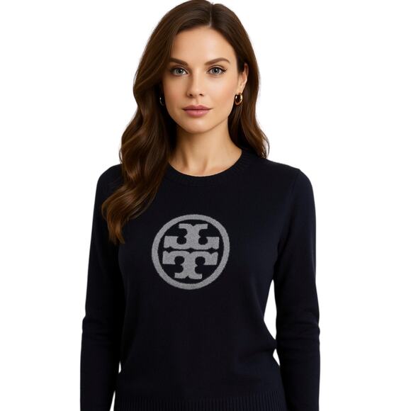 Tory Burch Cashmere Wool Blend Crewneck Navy Blue pullover lite sweater size S - Picture 1 of 9